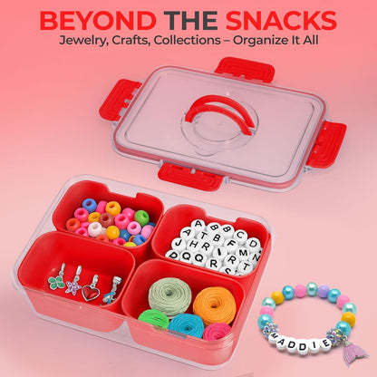KEYVOZ Snackle Box Container with Lid- Travel Charcuterie Box with Handle - Organizer for Candy, Fruit, Nuts, Veggies, Snacks, Beach Essentials, Portable Lunch Box (Red, Small)
