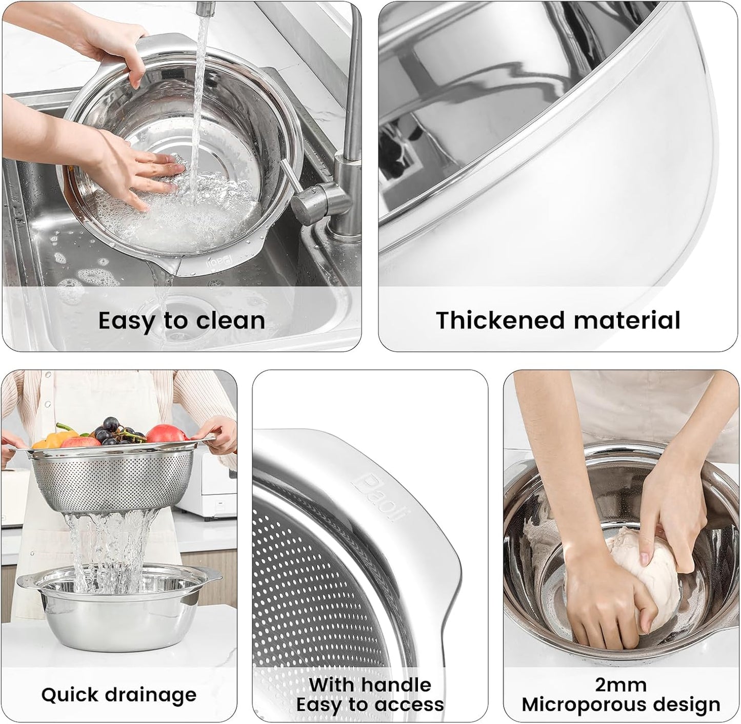Paoli 304 Stainless Steel Fine Mesh Colander Set, 3.5QT Large Capacity Strainer with Mixing Bowl — Rinse Fruits, Veggies, Rice & Drain Pasta, Dishwasher Safe (2-Piece)