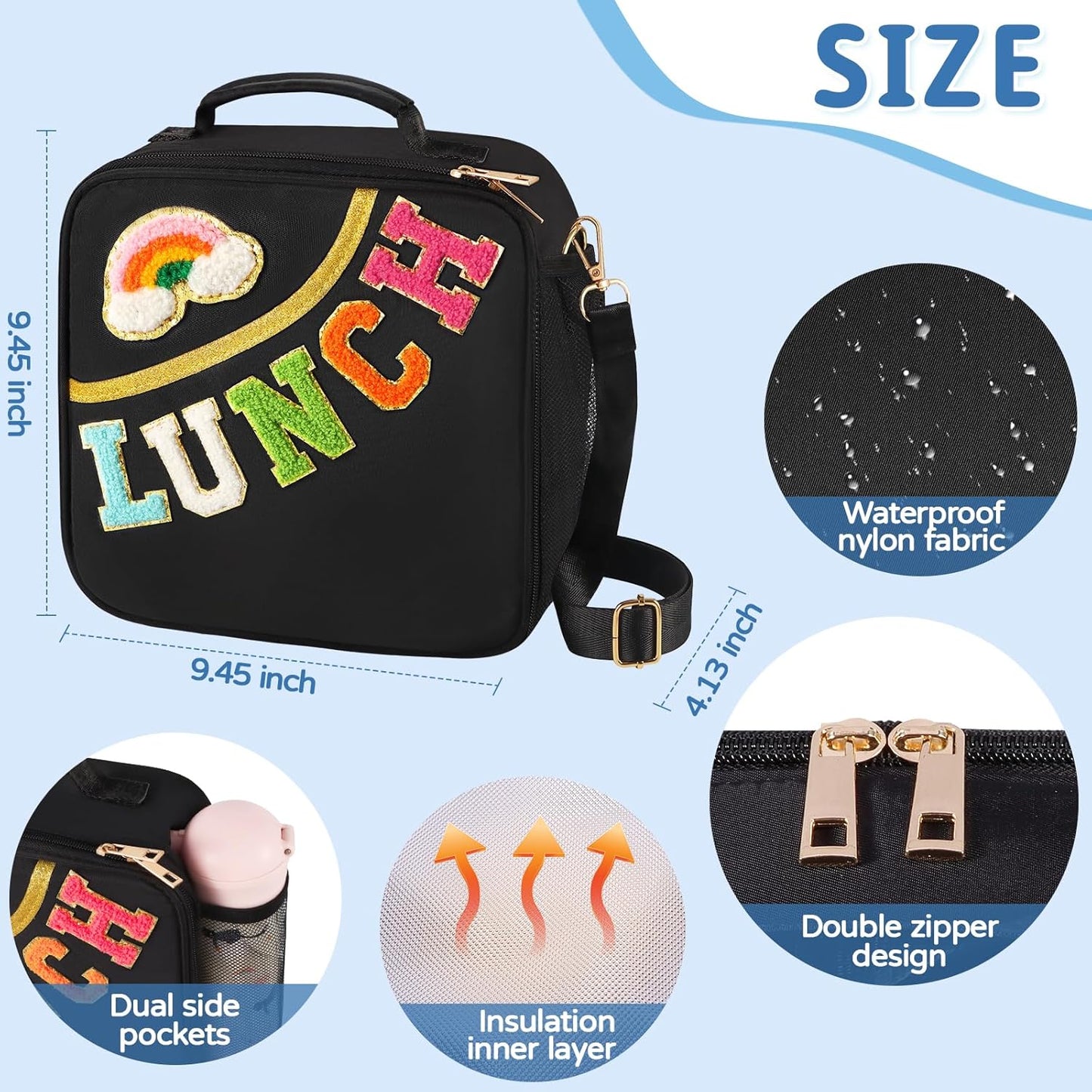Nsrzua Lunch Bag Kids-Kids Insulated Lunch Bag with Adjustable Strap - Reusable Leakproof Lunch Box for Girls, Preppy School Lunch Tote for Travel, Picnic,School & Winter Camp