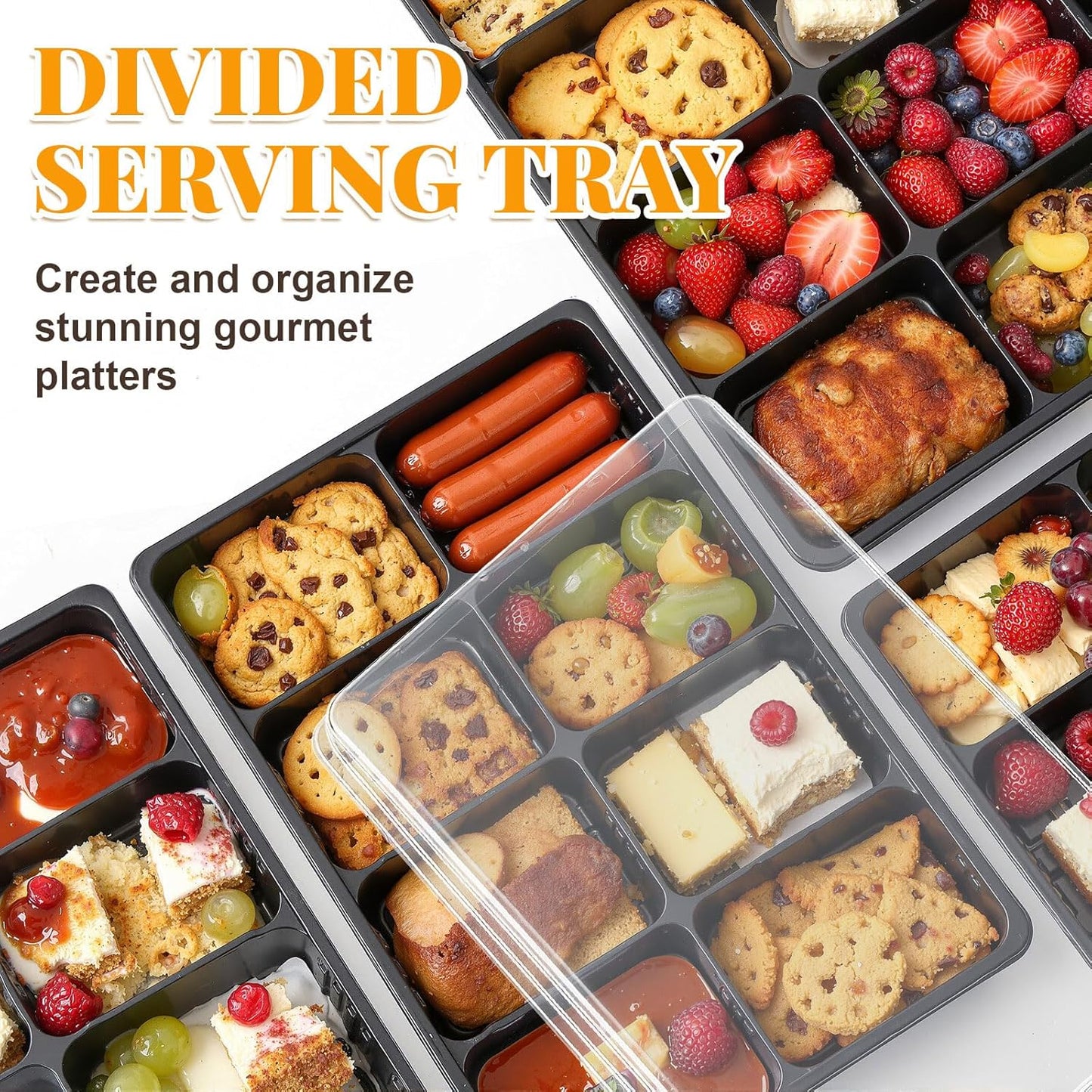Shellwei 5 Pack 8 Compartments Divided Charcuterie Board with Lid Large 15 x 10 Inch Disposable Catering Serving Trays with Lid Reusable Plastic Serving Platter