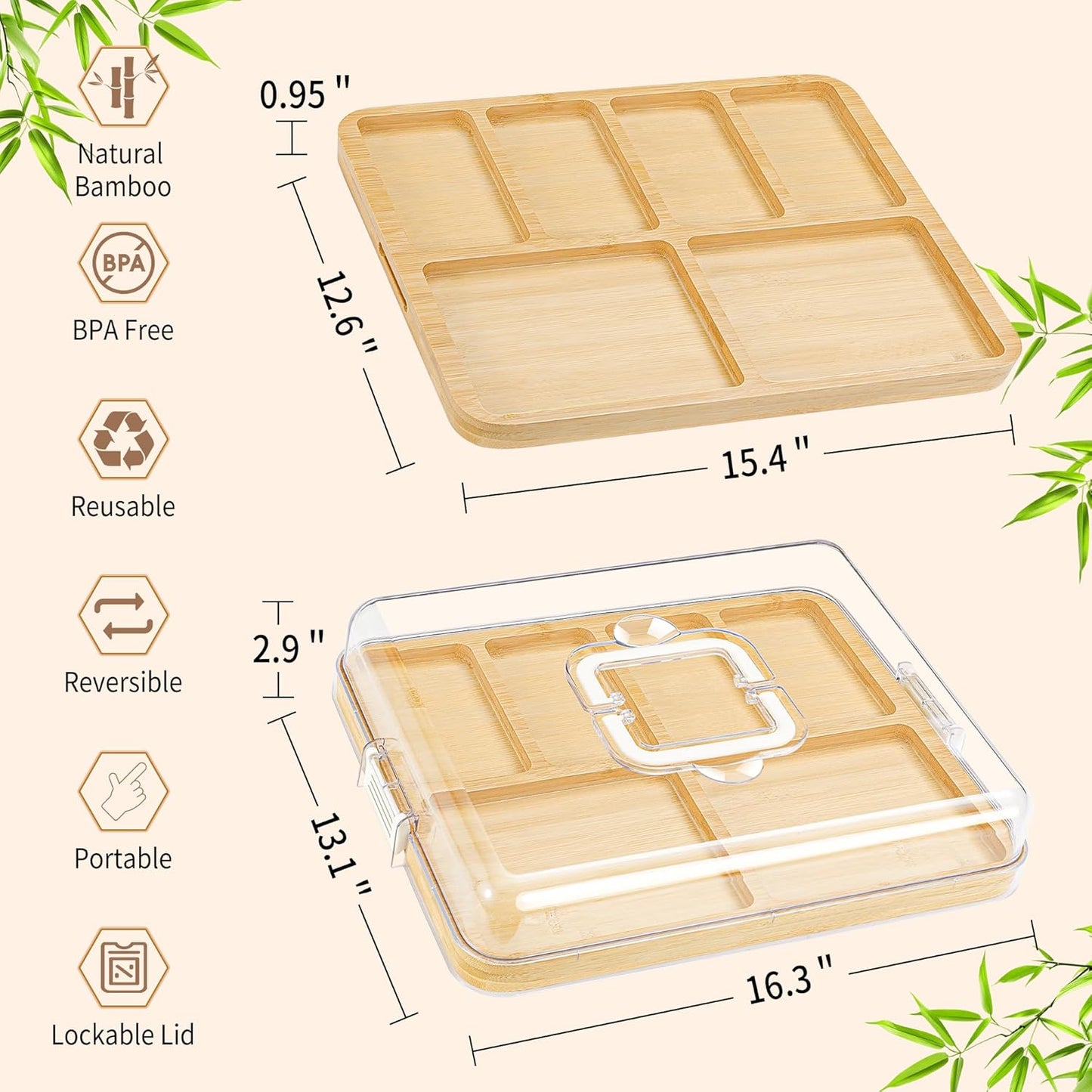 CAWIU Portable Travel Charcuterie Board with Lid and Handle - Large Bamboo Cheese Board with 4 Cheese Knife Set for Outdoor, Picnics - Weddings, House Warming Gift for Women (1 Compartment, White)