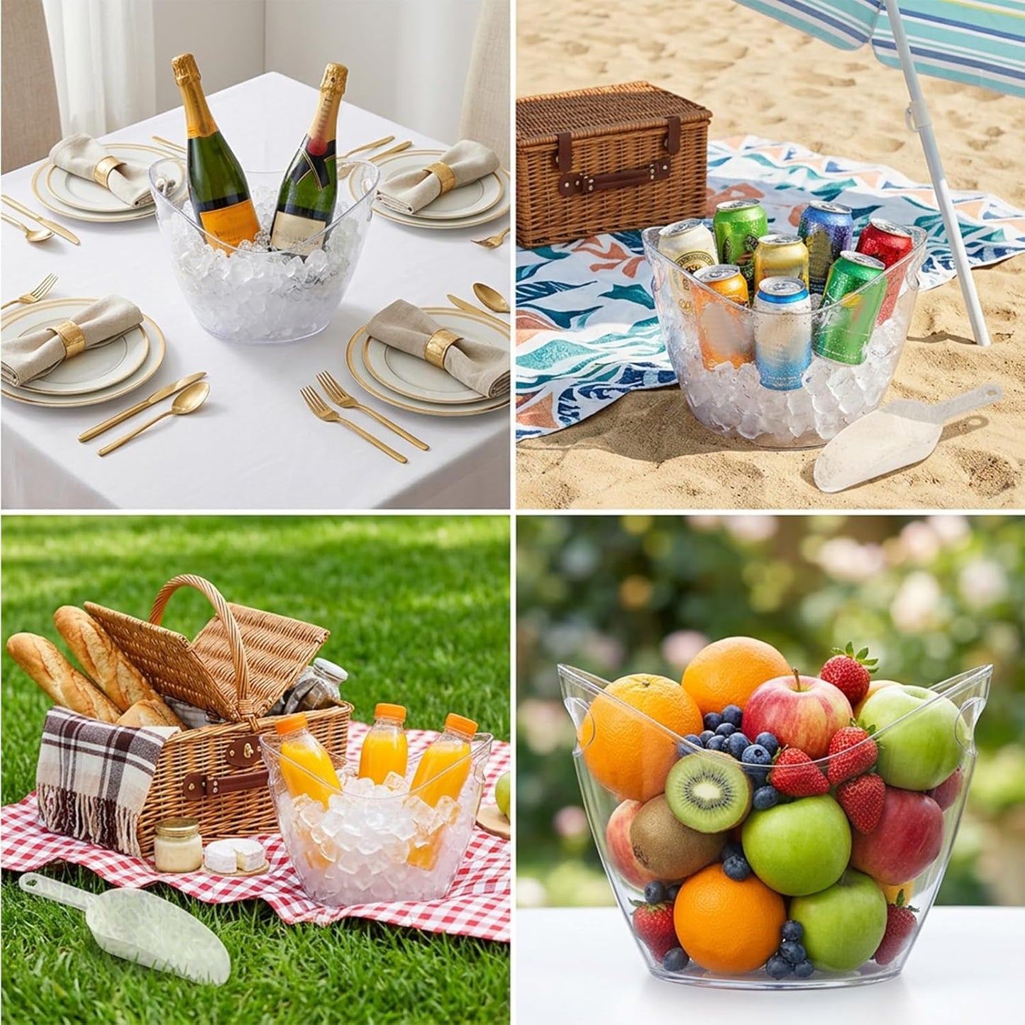4 Pack Ice Bucket for Parties, 4L Acrylic Wine Buckets with 2 Scoops for Beverage/Wine/Beer/Cocktail, Portable Clear Beverage Tub for Parties, Mimosa Bar Supplies, Outdoor Events
