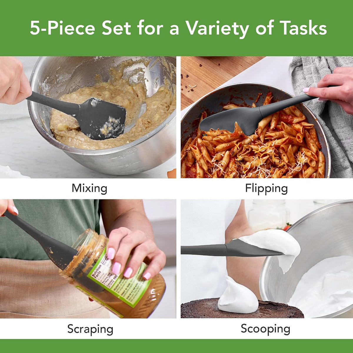 Tovolo Flex Core 5 Piece Silicone Spatula Set Heat Resistant All Silicone Utensils Include Non Stick Spatula Spoonula Jar Scraper, Dishwasher Safe BPA Free Spatulas for Baking Mixing, White