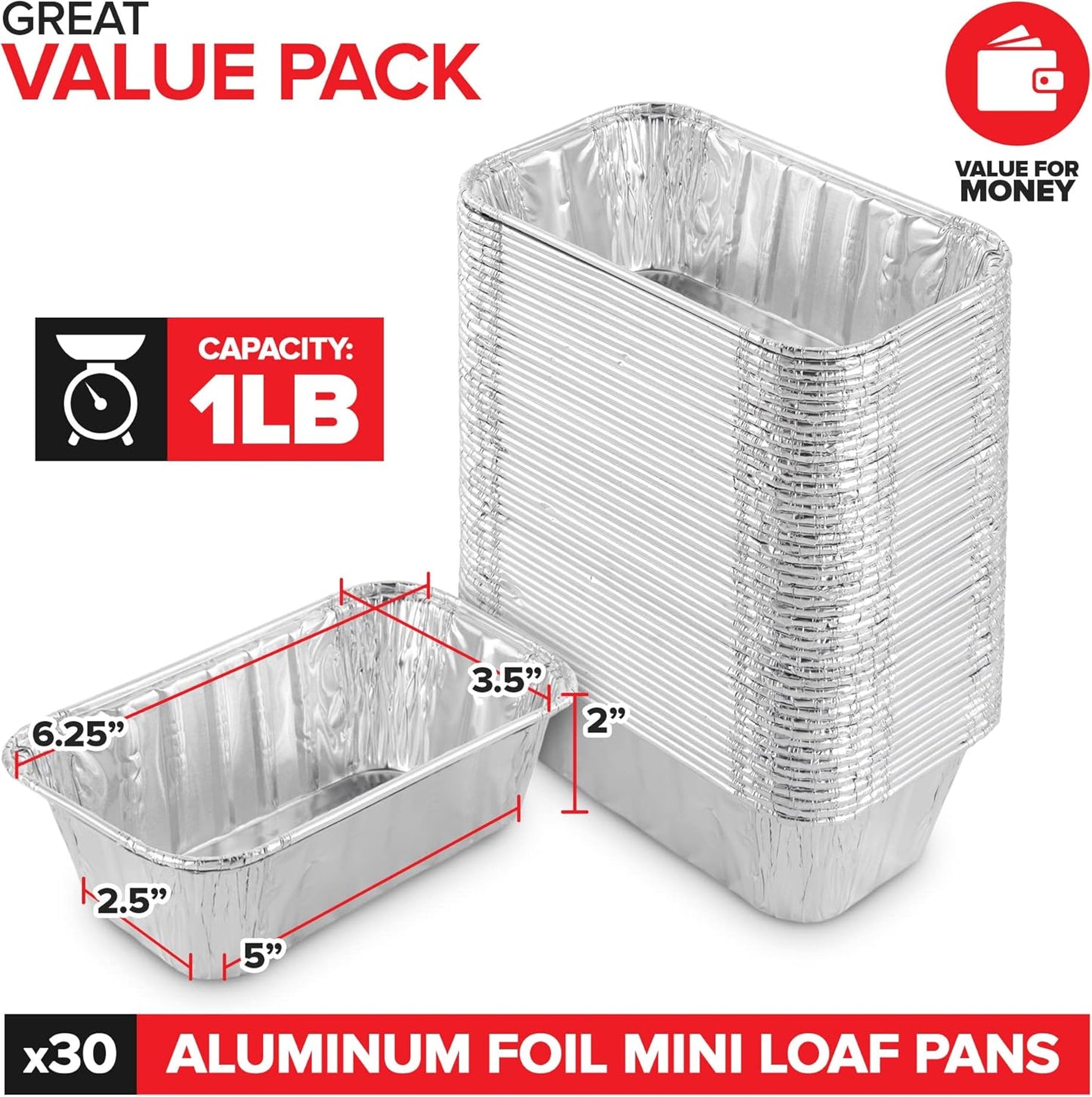 Stock Your Home Aluminum Pans Mini Loaf Pans (50 Pack) 1 Lb Aluminum Foil Tin Pans, Small Loaf Pans – 1 Pound Disposable Baking Pans Perfect for Baking Cakes, Bread Loaves - 6 x 3.5 x 2