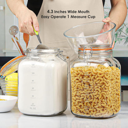 [UPGRADE] 2 Pack Square Super Wide Mouth Airtight Glass Storage Containers with Lids, 1.1 Gallon Glass Jars with 2 Measurement Marks, Canning Jars with Leak-proof Lid for Kitchen (Spare Gasket)