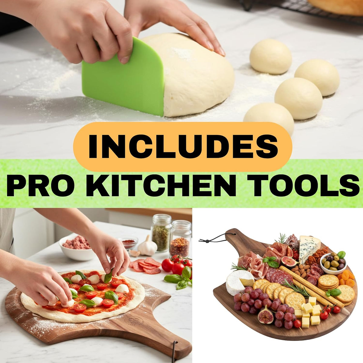Pizza Stone for Oven and Grill Set - 5PCS Pizza Making Accessories Kit - 15 inch Pizza Stone with Handles, Pizza Peel, Pizza Cutter, Dough Tool - Baking Stone for Bread - Large Rectangular Oven Stones