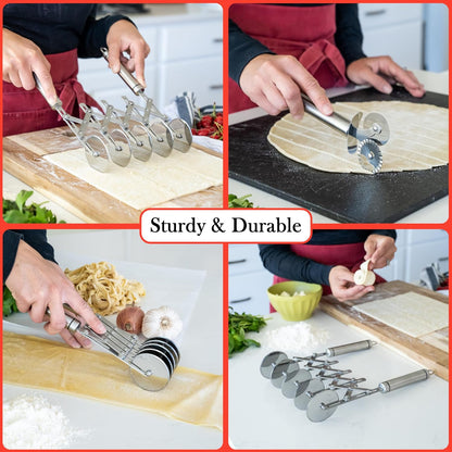 Oleex ‘All-Dough’ Pastry Cutter Set. 5 Wheel Dough Cutter and Dual Fluted Ravioli Cutter Wheel/Pizza Cutter Wheel! Versatile Brownie Cutter, Pasta Maker, Noodle Cutter, Stainless Steel Pizza Slicer