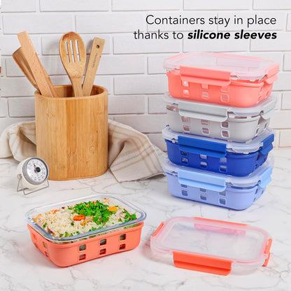 ECOBERI Glass Meal Prep Containers with Silicone Sleeves, 3 Piece 4.5 Cup Set, Borosilicate Glass Food Storage with Leak-Resistant Lids, Oven, Microwave, Freezer and Dishwasher Safe
