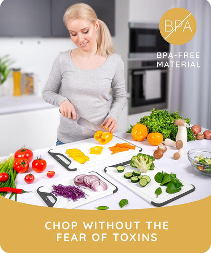 Cutting Boards for Kitchen, Plastic Cutting Board Set of 3, Dishwasher Safe Cutting Boards with Juice Grooves for Meat, Veggies, Fruits, Easy Grip Handle, Non-Slip (Black/Gray)