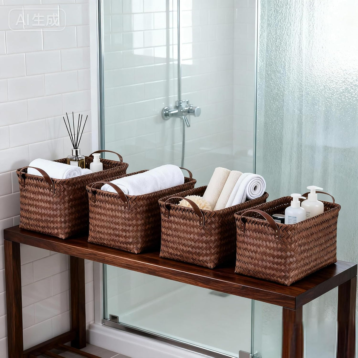 15L Laundry Baskets Waterproof Storage Baskets For Shelves Large Laundry Hamper With Leather Handle -set of 4 Cube Organizers Woven Bins for Bathroom,Bedroom,Pantry,Clothes,Car & Towels-Brown