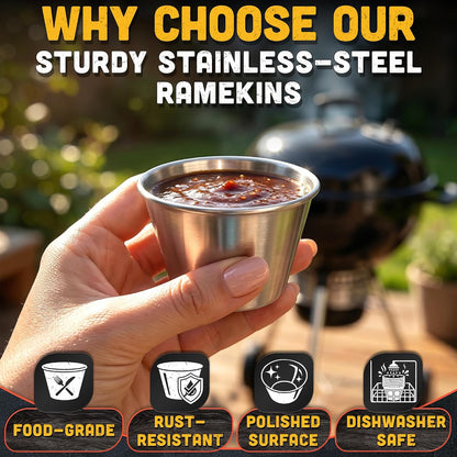 12 Pcs Reusable Dipping Sauce Cups - 2.5 Oz Stainless Steel Stackable Condiment Cups, Sauce Ramekins 2.3" Diameter - Metal Ramekins for Sushi, Wings, Charcuterie, Tasting Plates, Meal Prep & Sauces