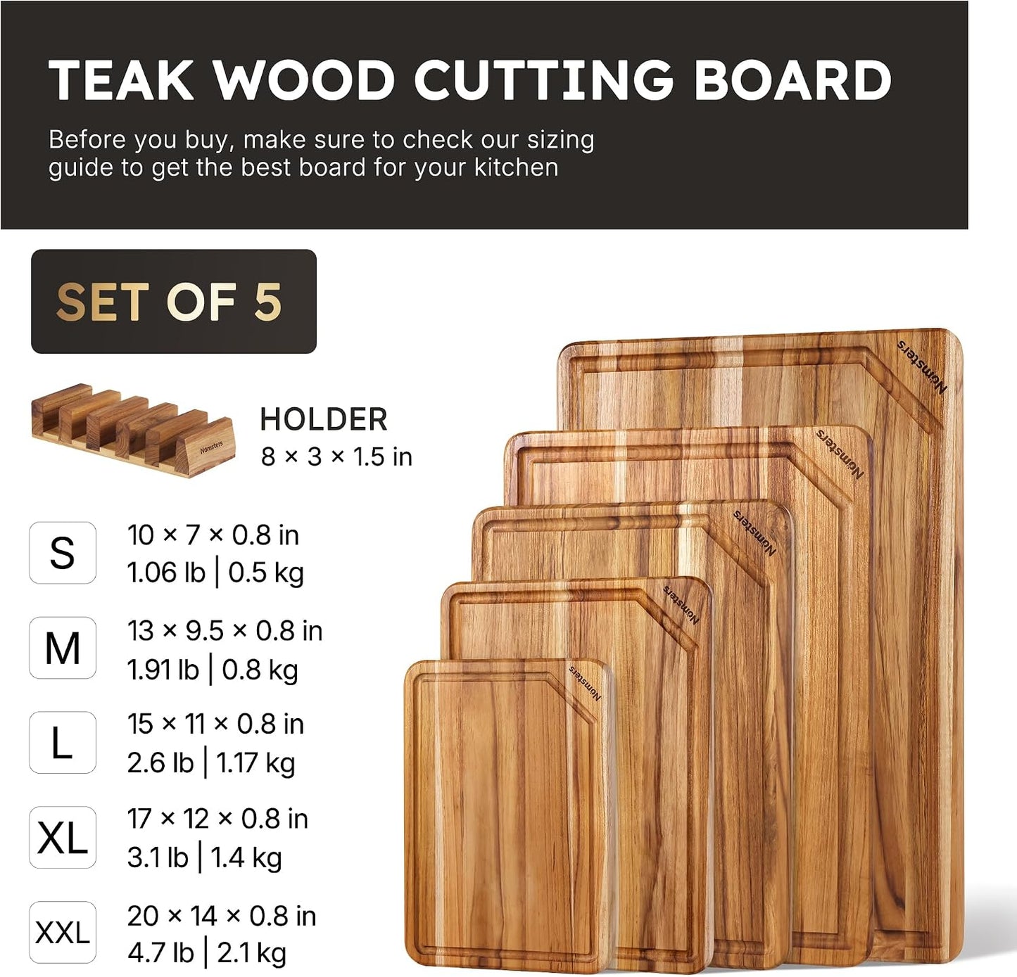 3 Pack Teak Wood Cutting Board Set with Holder Non Slip Over Sink Wooden Chopping Board for Fresh Meat Vegetable Thick Haus Perfect for Charcuterie Juice Groove Kitchen Accessories - FSC Certified