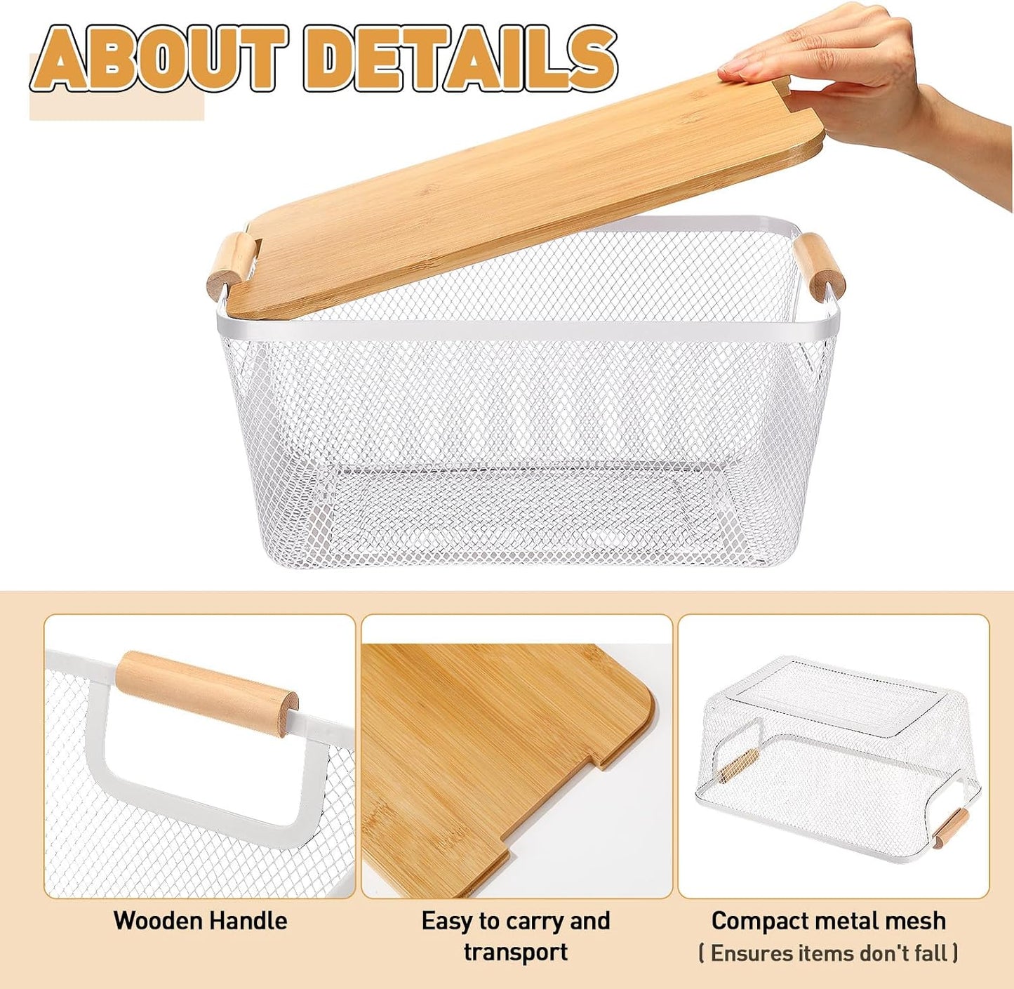 Geelin 4 Pcs Metal Wire Basket with Wooden Handles and Bamboo Lids 12.2 x 8.27 x 5.51 Mesh Steel Basket Stackable Storage Bins Organizer Containers for Vegetables Fruit Home Cabinet Pantry(White)