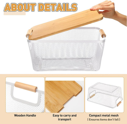 Geelin 4 Pcs Metal Wire Basket with Wooden Handles and Bamboo Lids 12.2 x 8.27 x 5.51 Mesh Steel Basket Stackable Storage Bins Organizer Containers for Vegetables Fruit Home Cabinet Pantry(White)