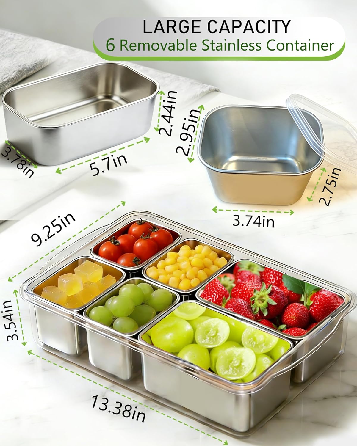 Snackle Box Container, Stainless Steel Divided Serving Tray with Lid and Handle, Large Snack Tray for Fruit Veggie Candy, 8-Compartment Snack Platter for Travel Party Beach Picnic