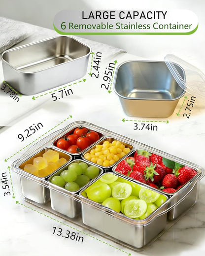 Snackle Box Container, Stainless Steel Divided Serving Tray with Lid and Handle, Large Snack Tray for Fruit Veggie Candy, 8-Compartment Snack Platter for Travel Party Beach Picnic