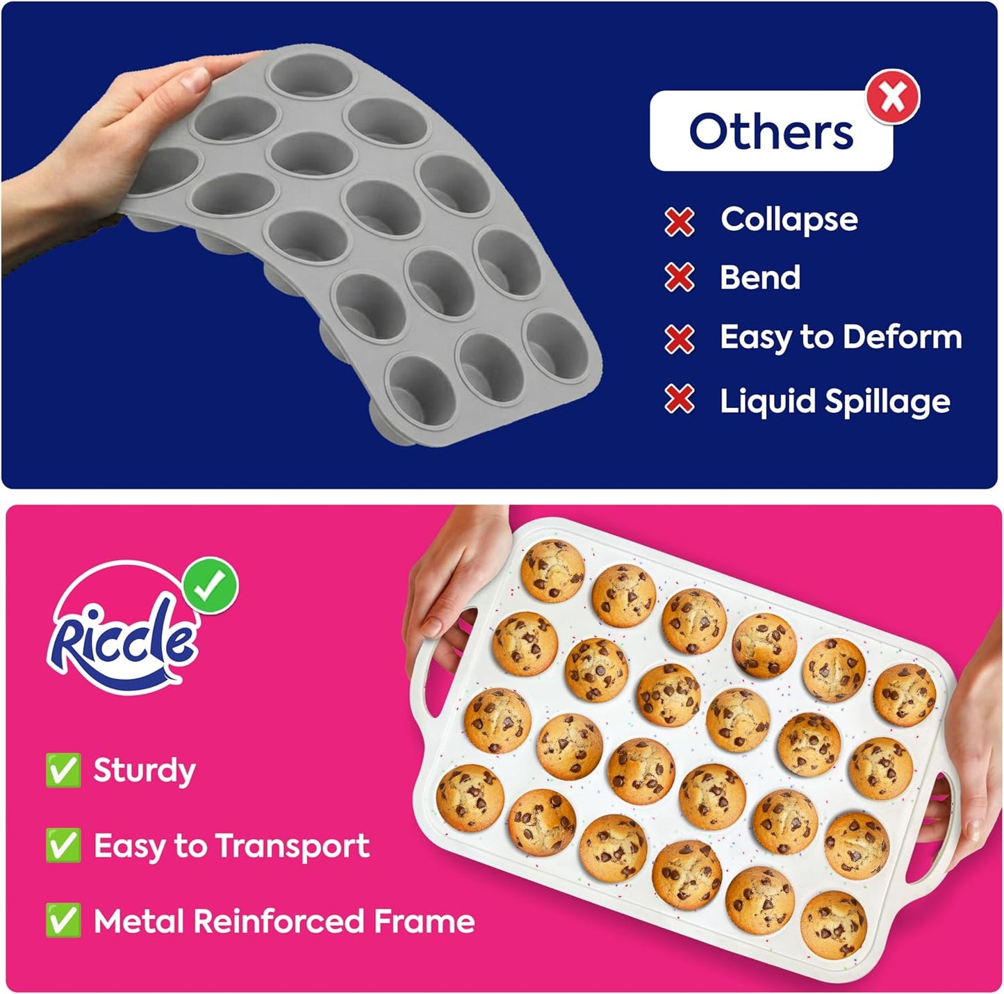 RICCLE 2 Pack Silicone Muffin Pans for Baking with Metal Reinforced Frame - Regular 12 Cup Silicone Muffin Pan & 24 Cup Mini Cupcake Pans - Silicone Cupcake Pan Set - Oven & Dishwasher Safe, BPA-Free