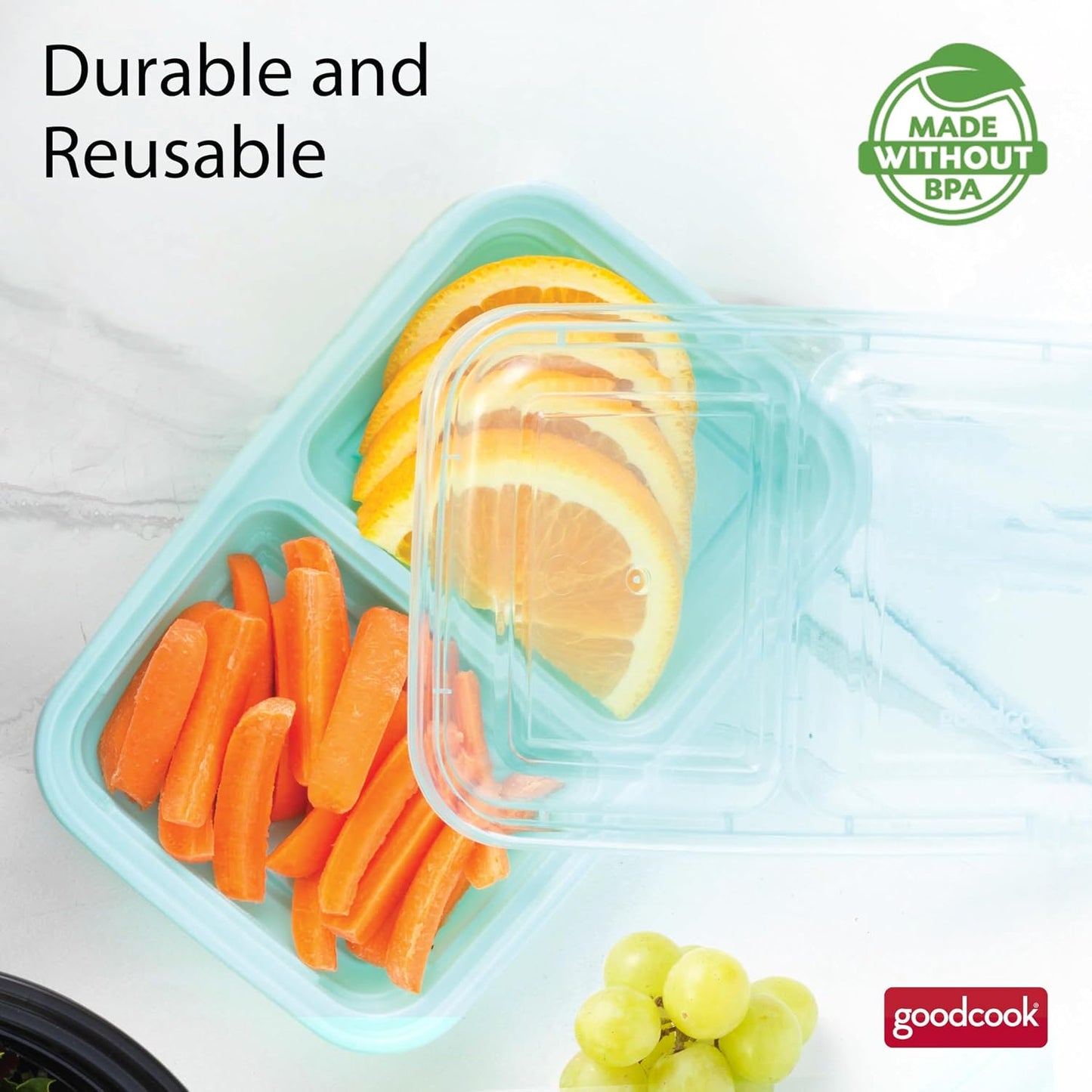 GoodCook 2-Compartment Food Storage Container Set with Snap-Shut Lids, Reusable Divided Snack Containers with Lids, Set of 10, Blue