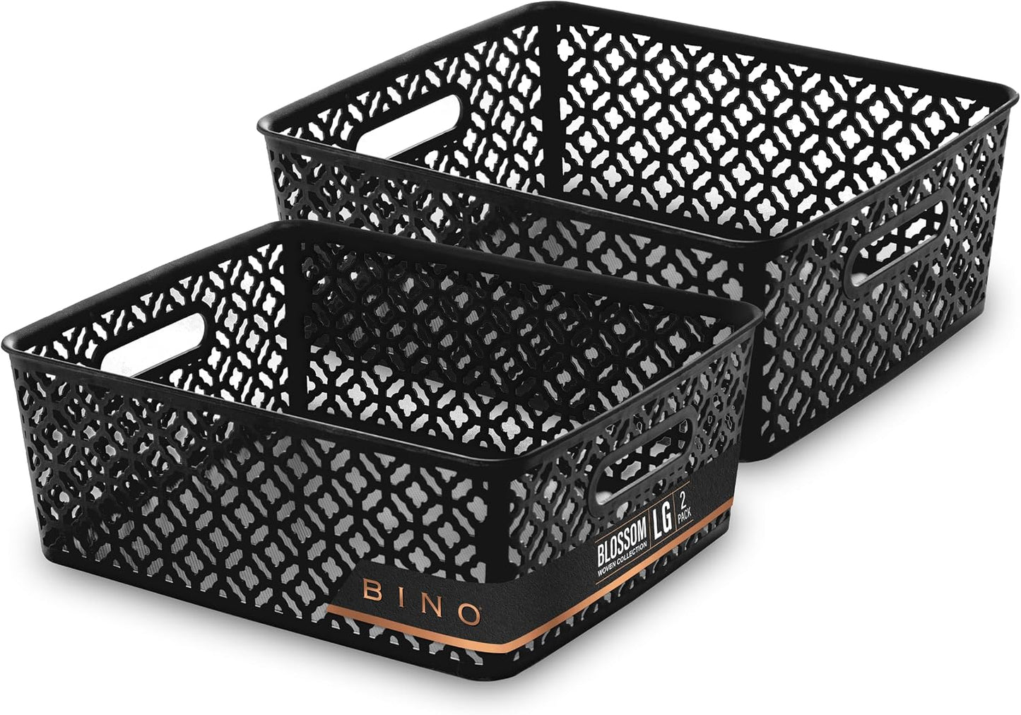 BINO l Plastic Storage Baskets, Large - Grey l THE BLOSSOM COLLECTION l Multi-Use Organizer Bin l Built-in Handles l Plastic Woven Basket for Organizing l Pantry & Home Organizing Basket