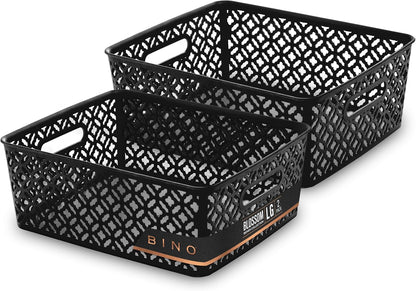 BINO l Plastic Storage Baskets, Large - Grey l THE BLOSSOM COLLECTION l Multi-Use Organizer Bin l Built-in Handles l Plastic Woven Basket for Organizing l Pantry & Home Organizing Basket