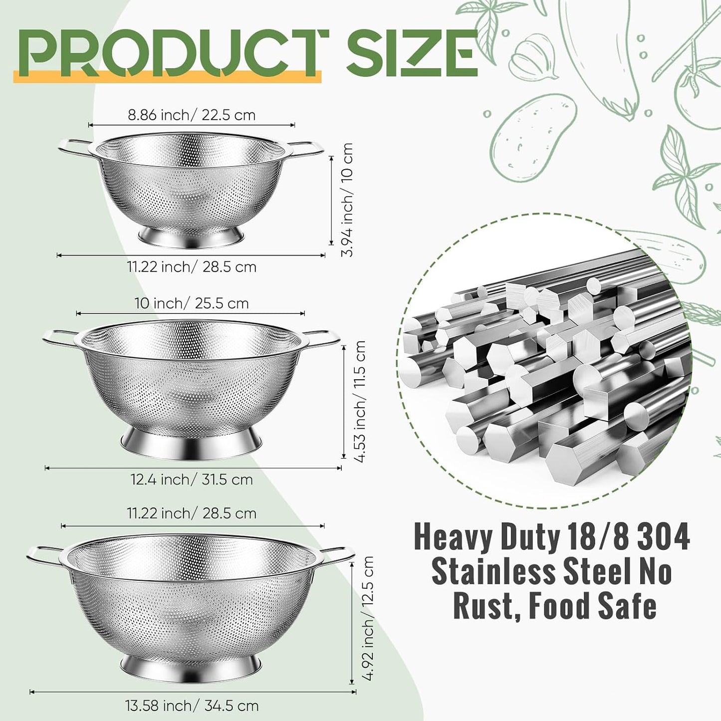 Bokon 3 Pcs Stainless Steel Colander Set Colander Bowl and Sieves 1/3/5 Quart Metal Mesh Strainer Net Basket with Handles Food Spaghetti Strainer for Kitchen Draining Pasta Rinsing(Gold)