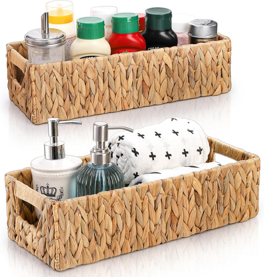 Eorbow 2 Pack Wicker Storage Baskets, Water Hyacinth Holder for Toilet Paper, Rectangular Natural Bins with Built-in Handles, Handwoven Organizer for Bathroom Kitchen Pantry Tank Top, 2 Sizes