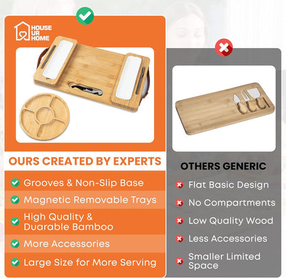 Bamboo Charcuterie Board Set with Magnetic Side Trays | Large Cheese Platter with Knives & Bowls | Unique Housewarming, Wedding & Birthday Gift for Entertaining