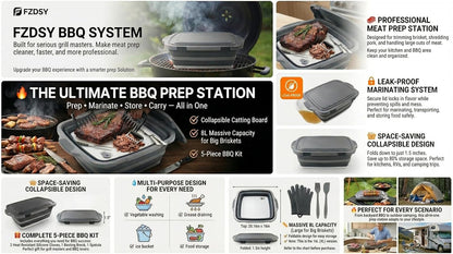 Collapsible BBQ Prep Tub with Lid & Cutting Board 8L - Meat Marinating Basin & Grill Carry System - 5pc Set with Heat Resistant Gloves, Basting Brush & Spatula(Black, Large, 8L)