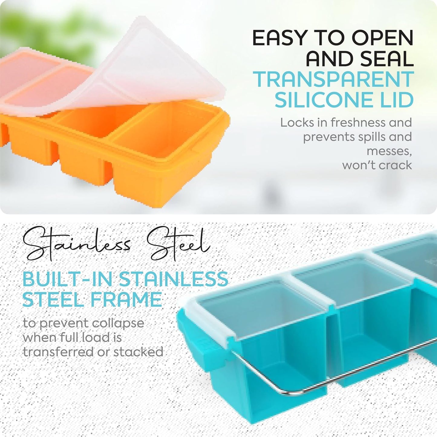 XOMOO Silicone Freezer Tray With Lid-Soup Freezer Container molds-2-cup Extra Large Ice Cube Tray-makes 4 perfect 500ml portions cubes, For freezing soup,stews,sauces.Oven&Dishwasher-Safe(2-Pack)