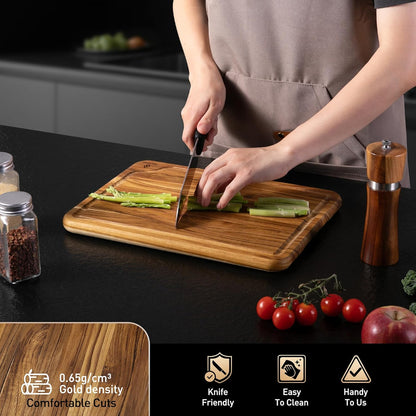 4 Pack Teak Wood Cutting Board Set for Kitchen Heavy Duty Non Toxic Non Slip Solid Thick Wood Haus Chopping Board Extra Large Big Small Meat Best Essential House Warming Hostess Host Gift