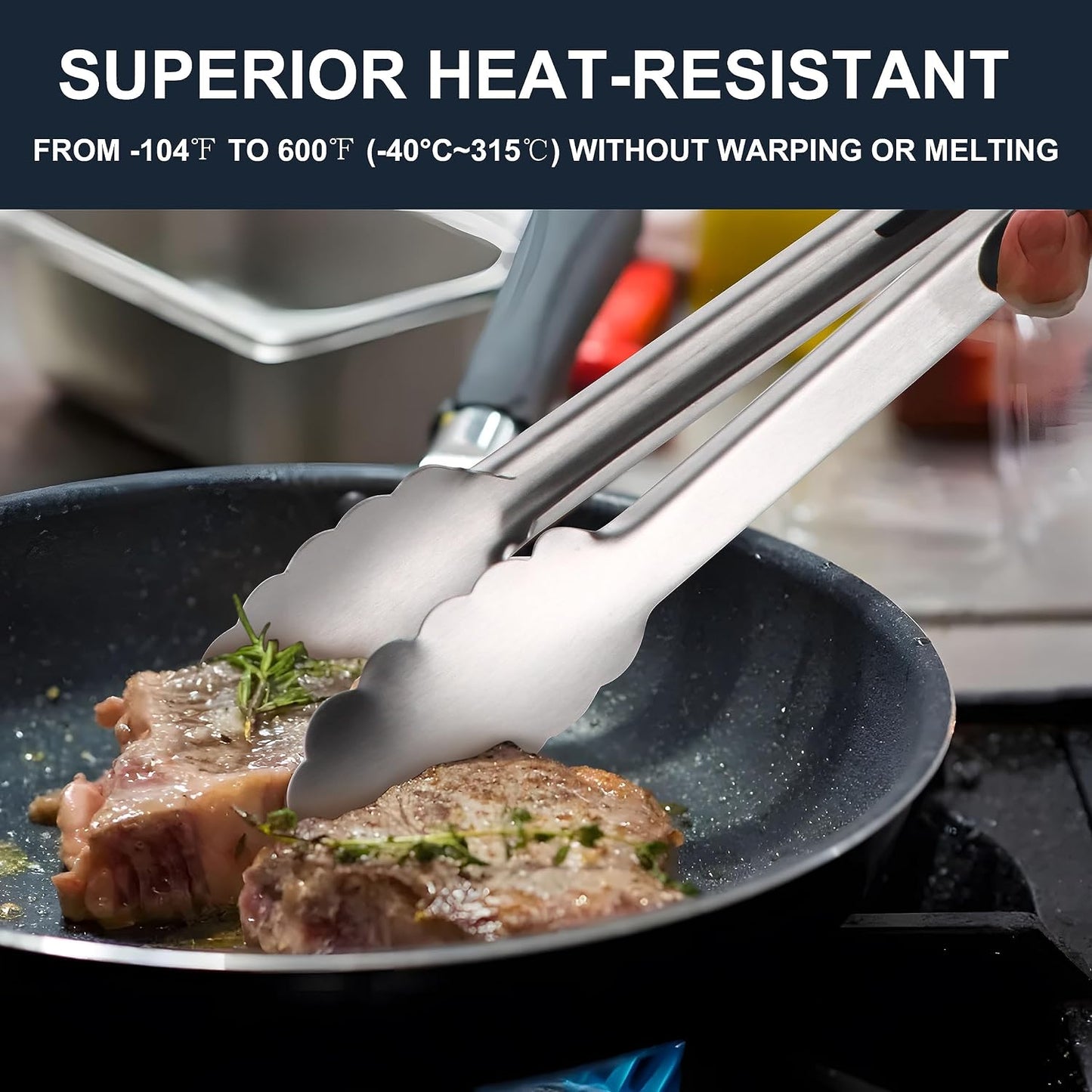 Anaeat Premium Kitchen Locking Tong Set of 3 - Heavy Duty Stainless Steel Food Tongs with Long Handle & Non-Slip Silicone Grip for Cooking, Baking, Grilling - Heat Resistant up to 480°F