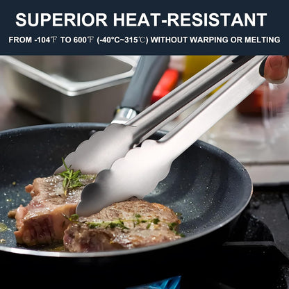 Anaeat Premium Kitchen Locking Tong Set of 3 - Heavy Duty Stainless Steel Food Tongs with Long Handle & Non-Slip Silicone Grip for Cooking, Baking, Grilling - Heat Resistant up to 480°F