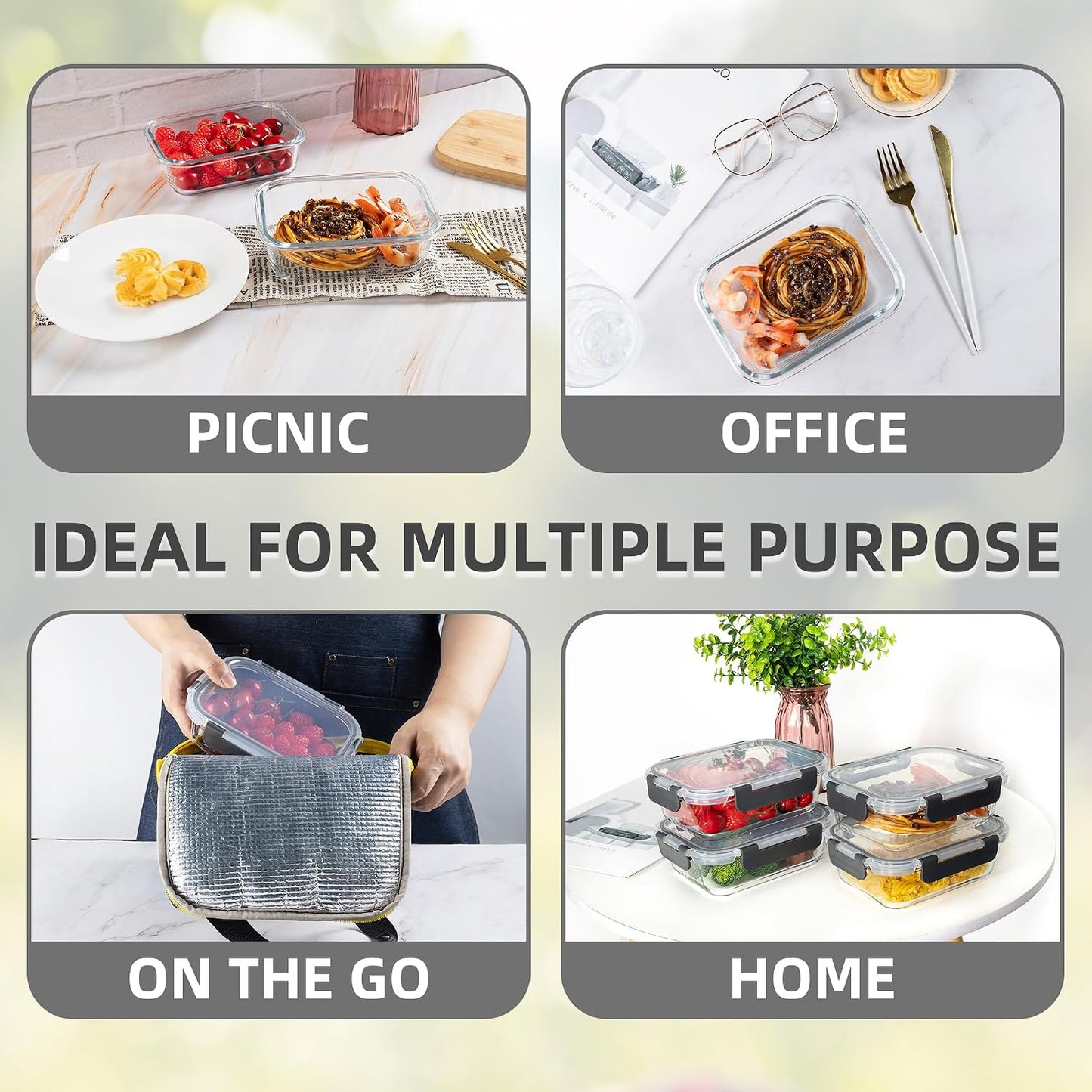 10 Pack 22 oz Glass Meal Prep Containers, Food Storage Containers with Lids, Airtight Leakproof Lunch Containers for Kitchen, Freezer, Microwave, Dishwasher Safe (Grey)