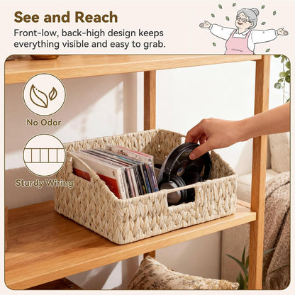 GRANNY SAYS Wicker Storage Baskets for Shelves, Trapezoid Woven Basket with Handles, Storage Wicker Baskets for Pantry, Water Hyacinth, 2-Pack