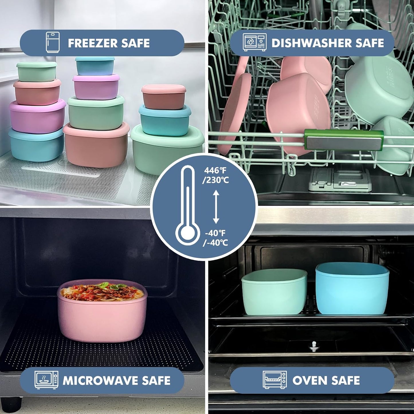 Anatole Silicone Food Storage Lunch Bento Box Set of 3 Reusable Nesting Containers with Lids BPA Free Dishwasher Microwave Oven Freezer Safe Leakproof (6.7oz, 10oz, 20oz)