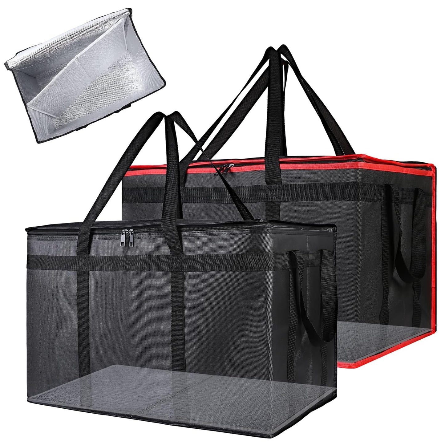 Bodaon 2-Pack Insulated Food Delivery Bag, XXX-Large Meal Grocery Tote Insulation Bag for Hot and cold Food, Commercial, Large Capacity Reusable Warming Bag, Heavy Duty Pizza Carrier, Black + Red