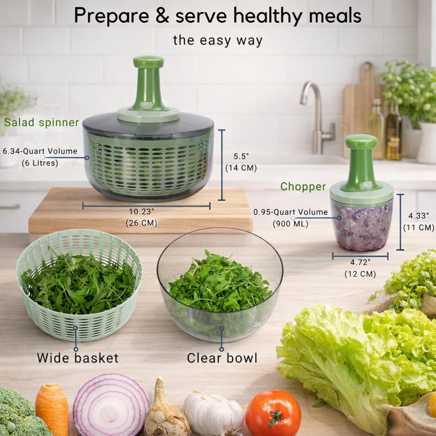 Brieftons Salad Spinner and Chopper Combo: Large 6.34-Quart Lettuce Greens Vegetable Washer Dryer with Bonus 0.95-Quart Push Veggie Chopper Mixer, Storage Lids, Collapsible, No Electricity, Easy Prep