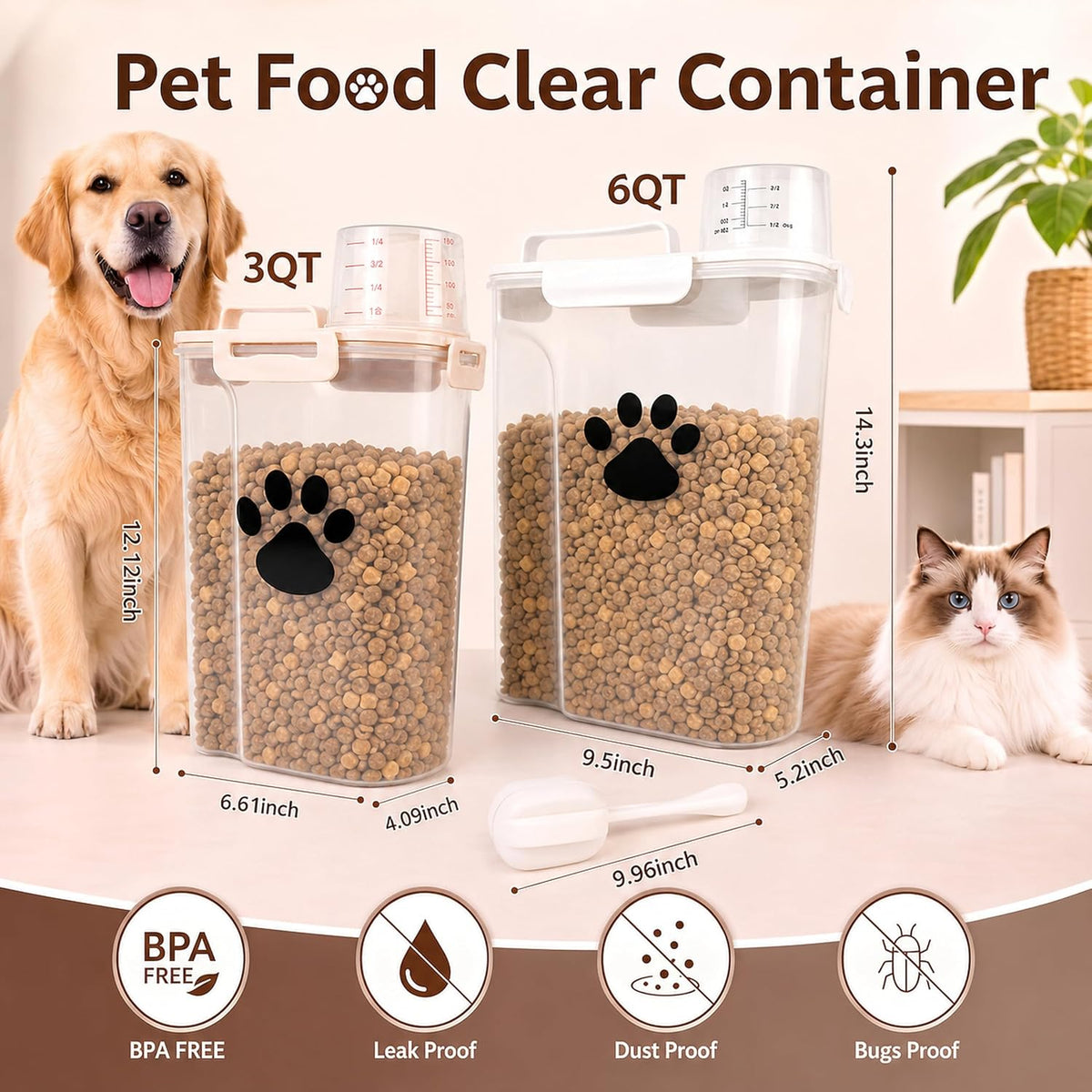Dog Storage Container with cleaning brush,Measuring Cup,Portable Pet Food Containers with Upgraded Large Spout and Cup for Dogs,Cats,Birds,Small Animals(White)