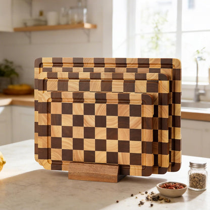 Cutting Board Set of 2 – Checkered Wood & Acrylic Cutting Board with Counter Lip for Kitchen Counter, Wood Checkerboard Chopping Board with Juice Grooves for Vegetables, Fruits, Meat