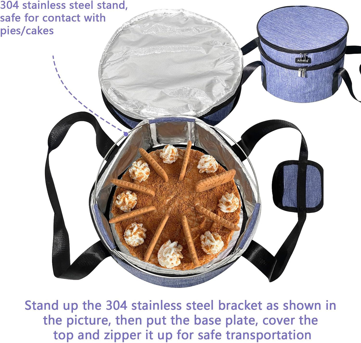 Pie Carrier, Hard-Sided Design, Insulated Bag For Casseroles, Round Insulated Cooler, Pie Tray With Lid And Handle For Hot And Cold Food Casserole Trays (Grey)