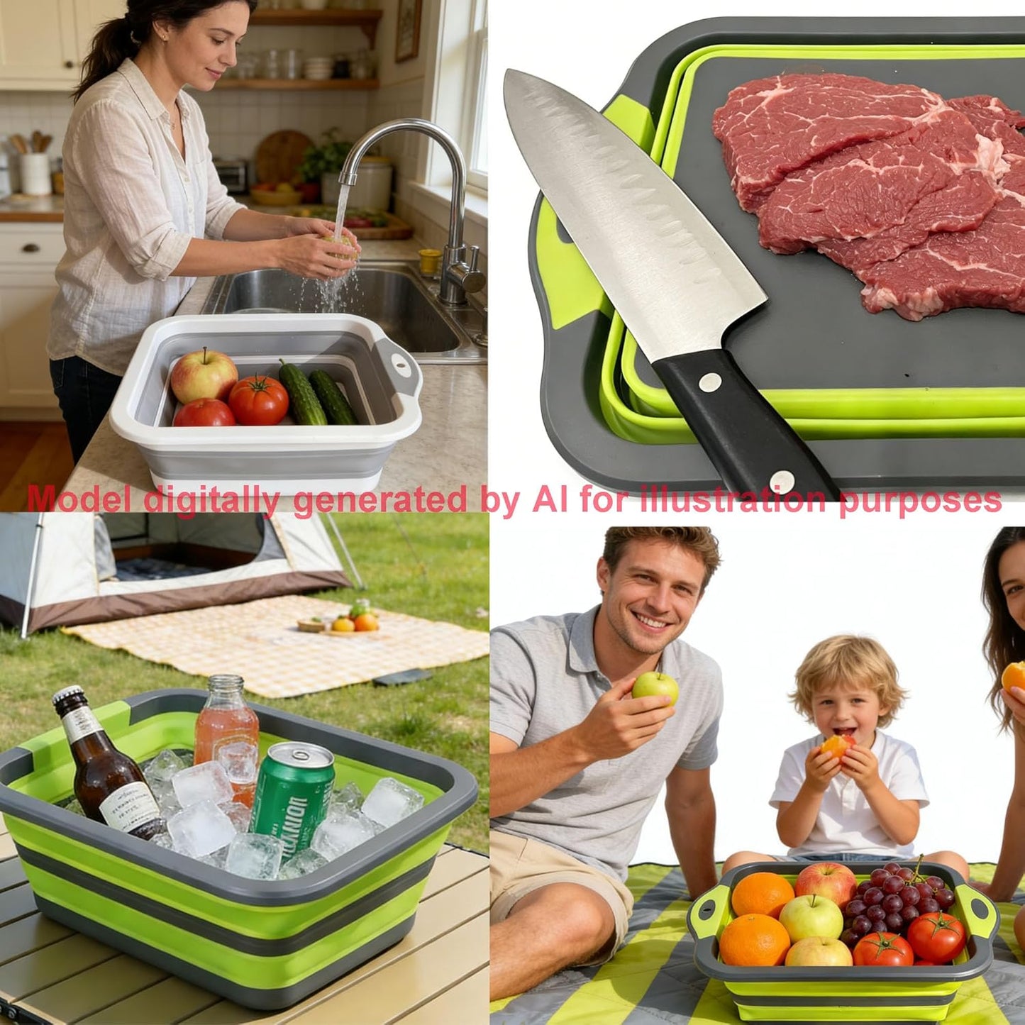 3-in-1 Folding Cutting Boards, Collapsible BBQ Prep Tub with Lid, 9L Container with Strainer, PP+TPR Material Cutting Board, Chopping Board Folds to 1.5Inch Slim for RV, Camping & Small Kitchen