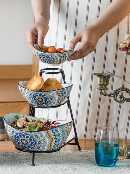YHOSSEUN 3 Tier Serving Stand Oval Serving Bowl with Metal Rack, Tied Serving Bowls Food Display Dessert Appetizer, Chip and Dip Serving Bowl Set for Parties, Gold-45oz / 17.5oz / 7oz