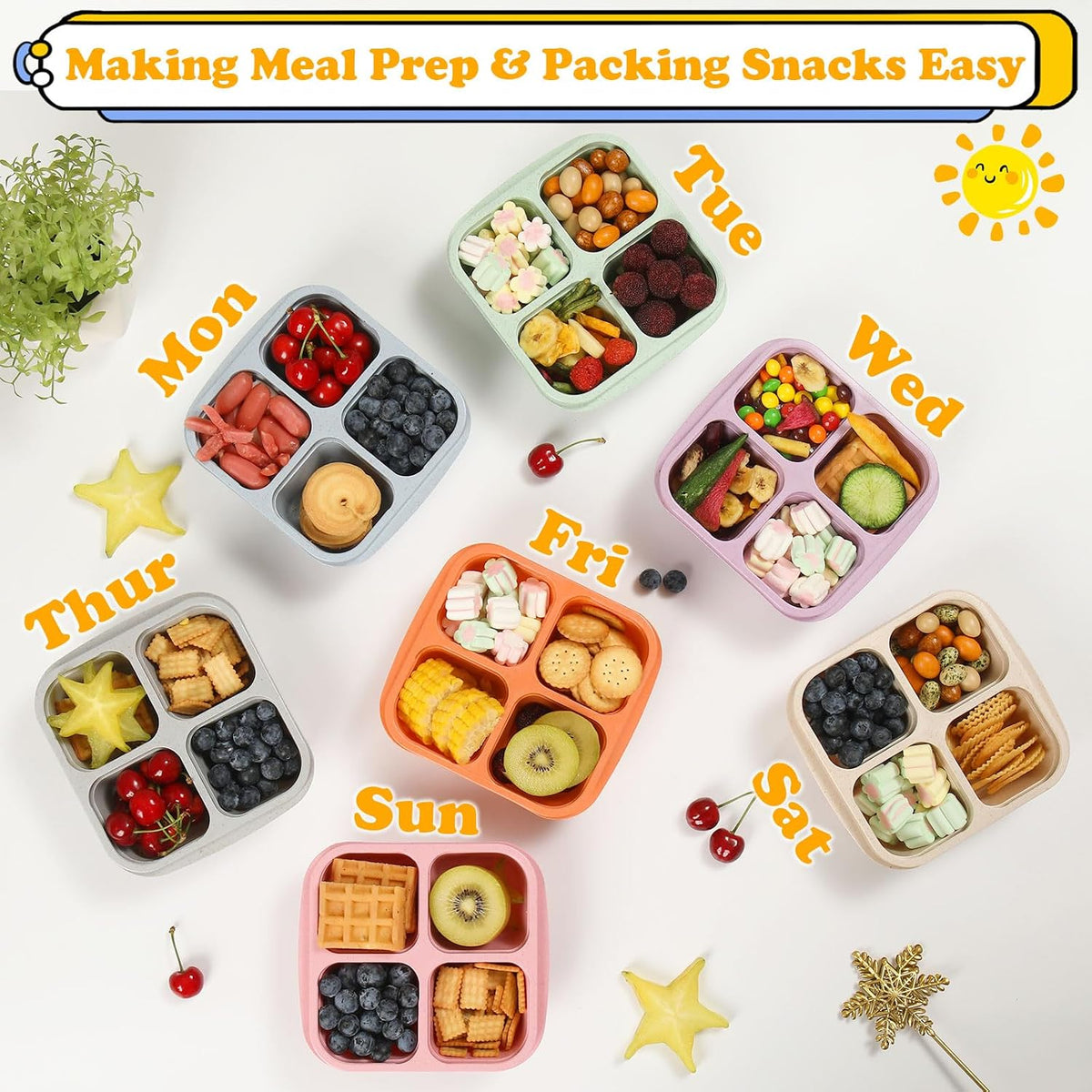 6 Pack Snack Containers, 4 Compartment Snack Box Containers Bento Box, Reusable Meal Prep Lunch Containers for Adults Kids Toddler, Divided Food Containers for Travel Work School