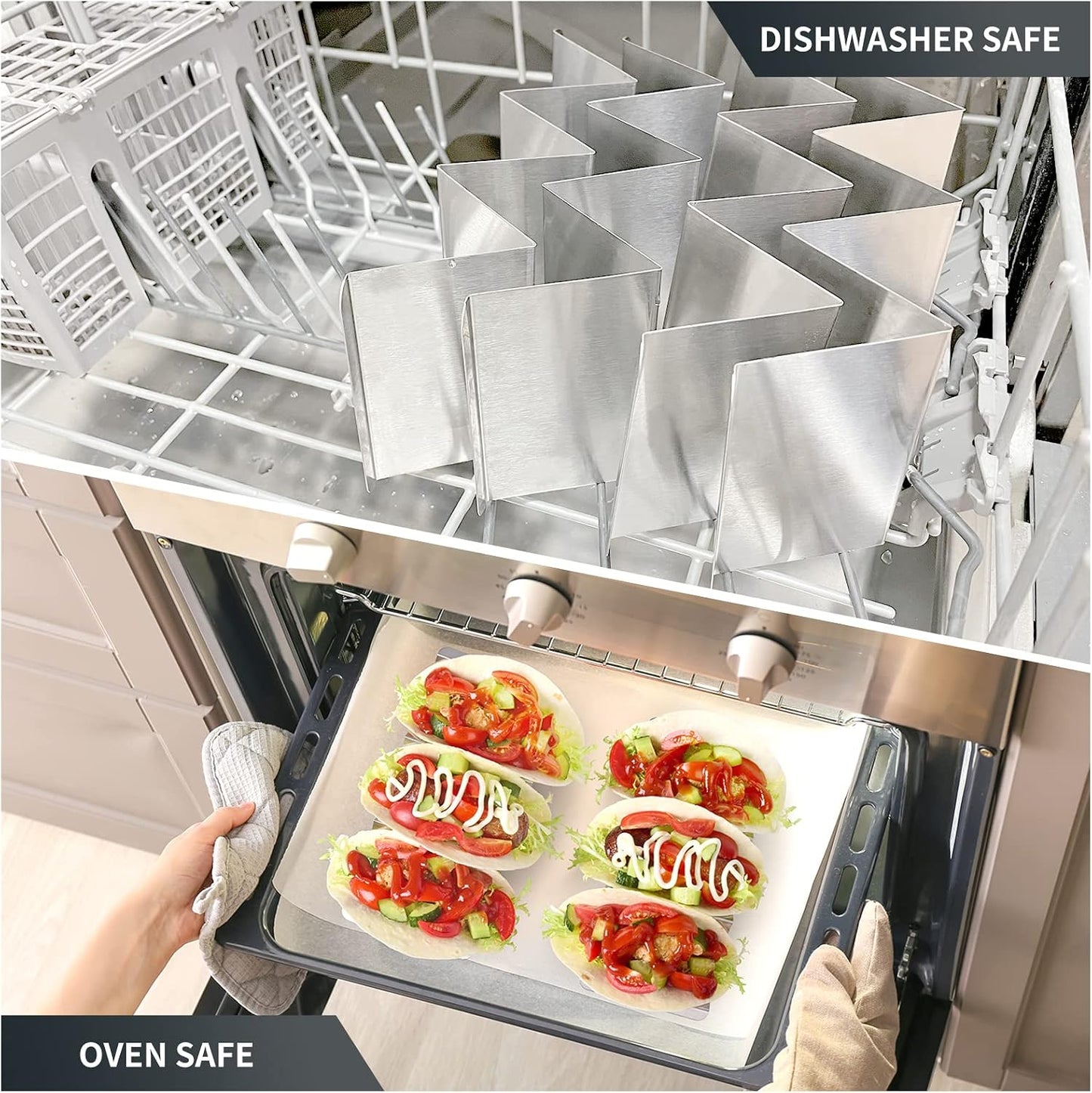 Stainless Steel Taco Holders Set of 6 - Each Metal Taco Stands for 3 Tacos - Taco Rack with Handles - Stylish Taco Shell Holders - Oven & Dishwasher & Grill Safe Taco Trays