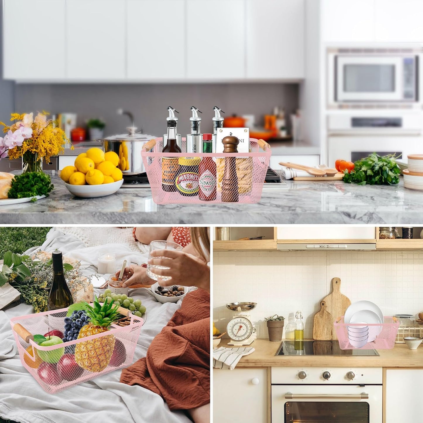2Pack Metal Mesh Steel Basket with Bamboo Handle - Wire Metal Basket for Kitchen Organization, 12" Wide Food Organizer Bin, Perfect for Organizing Bulk Pantry (WHITE)