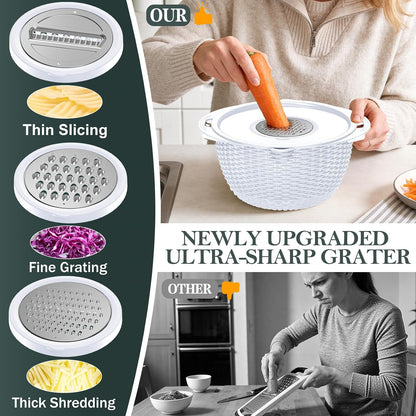4-in-1 Colander with Bowl Set — Patented 360° Rotatable Strainer Bowl with 3 Graters, Snap-On Lid & Non-Slip Base, Funny Kitchen Present for Women, Aesthetic Pasta Fruit Vegetable Strainer (Beige)