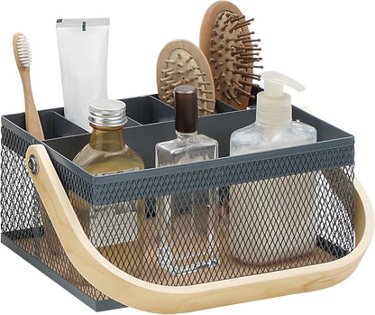 SunnyPoint Utensil Caddy with Plywood Handle – Metal Mesh Silverware & Cutlery Organizer for Kitchen, Picnic, Party, Restaurant & Events (BLUE)