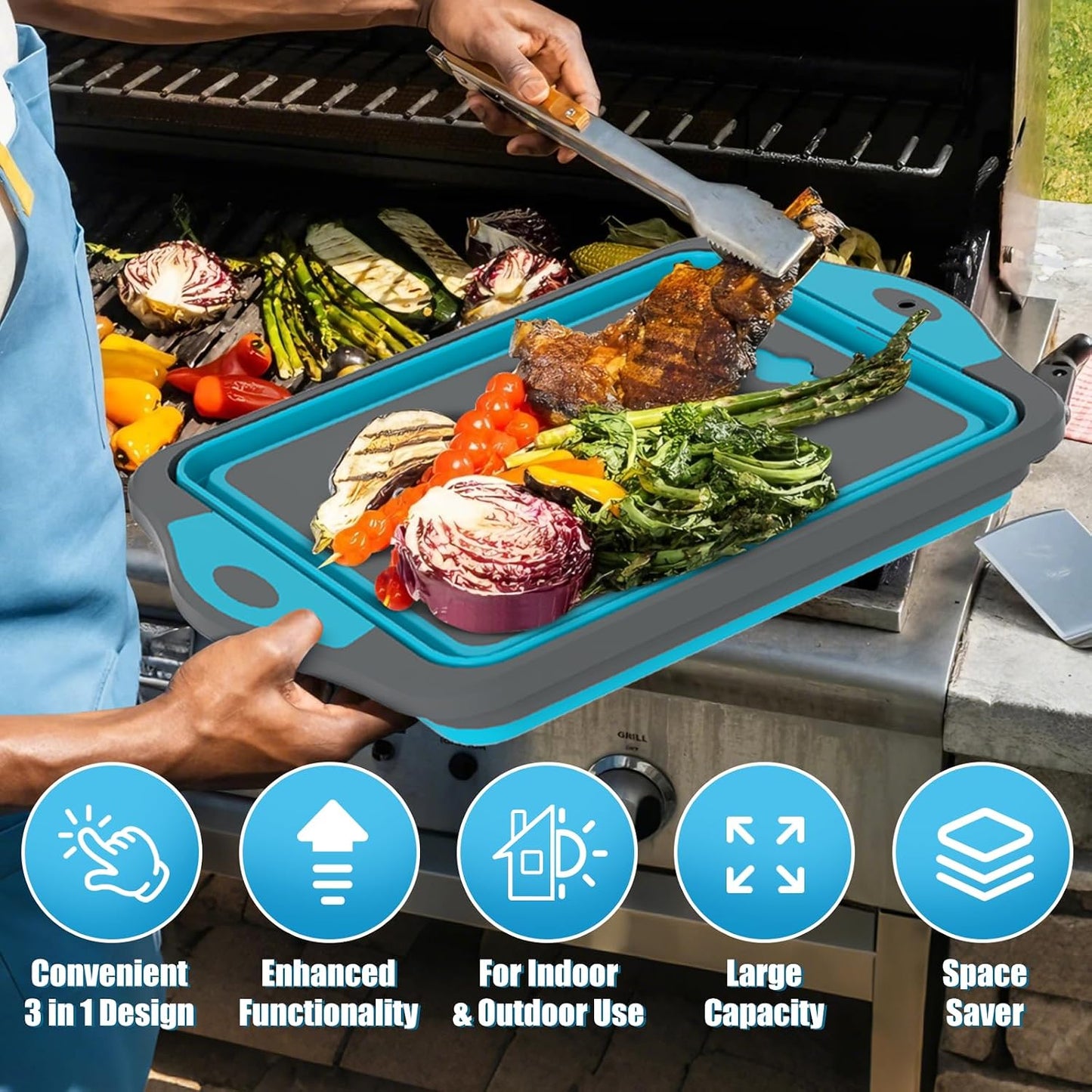 HI NINGER BBQ Prep Tub with Lid, Collapsible Camping Sink with Colander, Cutting Board & Knife Set for Grilling, Smoking & Outdoor Cooking, Collapsible Wash Basin for RV Camping Essentials