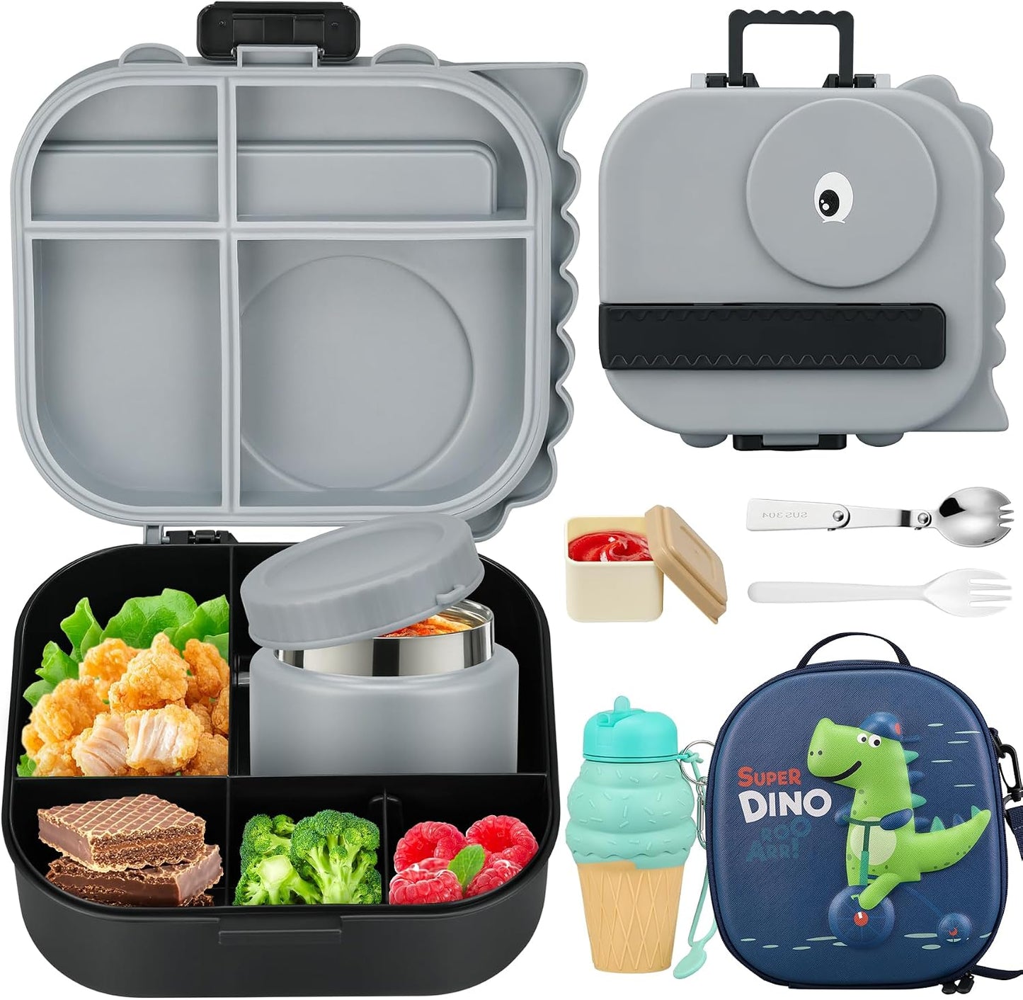 Lunch Box Kids, Leak Proof 5 Compartment Bento Box for Kids, 13oz Thermo for Hot Food Kids Lunch Box,Hot Lunch Box for School Travel
