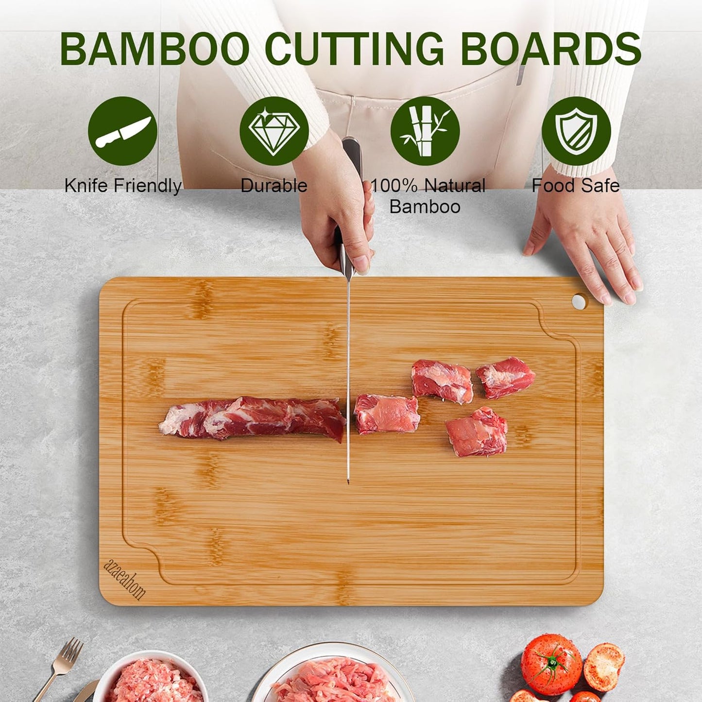 Bamboo Cutting Boards for Kitchen, Wood Cutting Board Set with Juice Grooves & Built-in Handles, Large Medium Small Chopping Board for Meat, Vegetables, Fruit